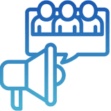 A blue background with a speaker and people in the middle